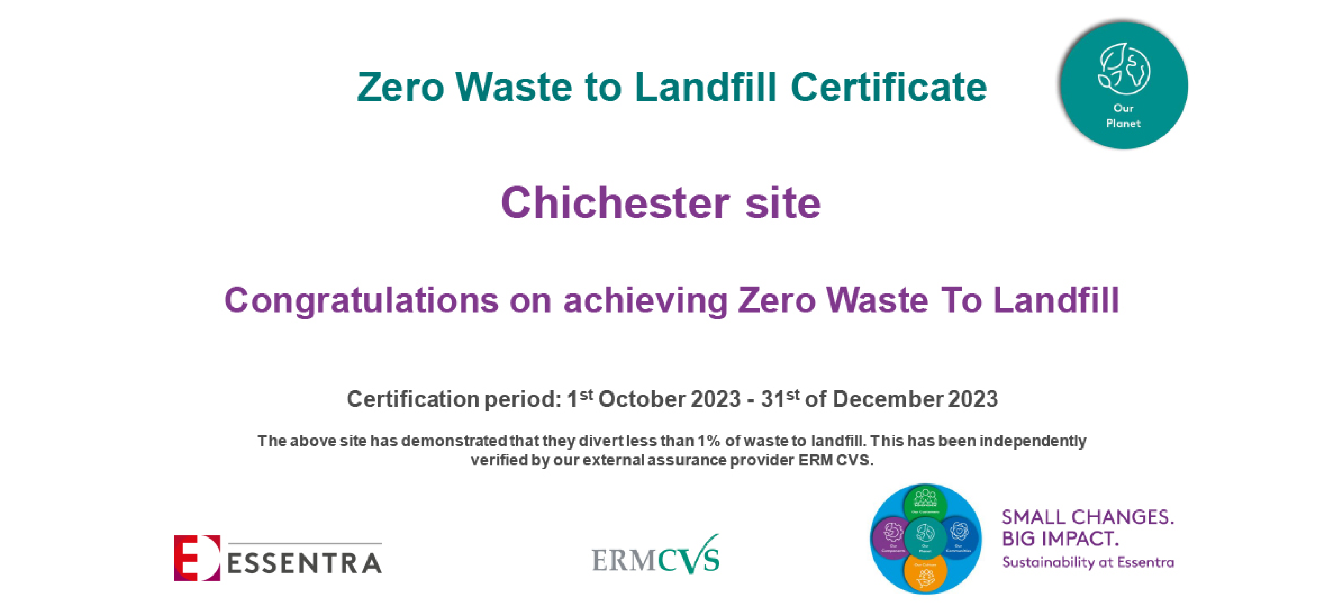 Zero to Landfill certificate